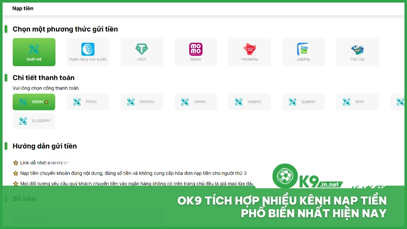 Ok9 tích hợp nhiều kênh nạp tiền phổ biến nhất hiện nay